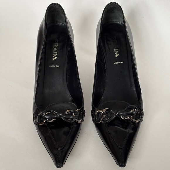 Prada Shoes - Vintage Prada Women's Black Leather Kitten Heels with Bow and Chain